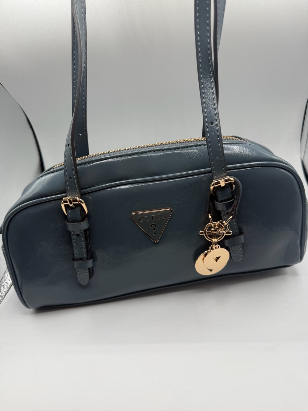 GUESS Faux Dementri Glossy Leather Gray Baguette Shoulder Bag Purse Y2K